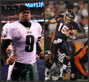 Vince Young of Philadelphia Eagles pictured on left, Tim Tebow of ...