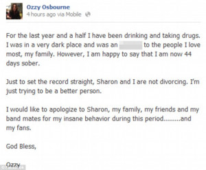 Going clean: Ozzy blamed drugs and alcohol for his insane behaviour ...