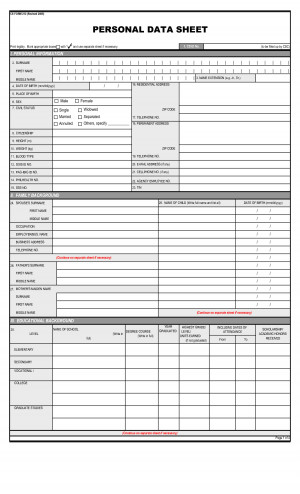 Personal Data Sheet Blank Form