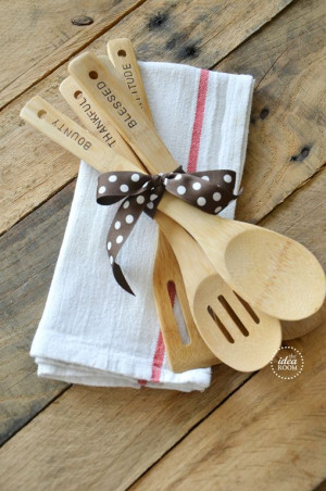 hostess-gift - stamped wooden spoons. Such a great idea! I am going to