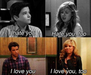 black and white, i hate you, i love you, icarly, quote, text, tumblr