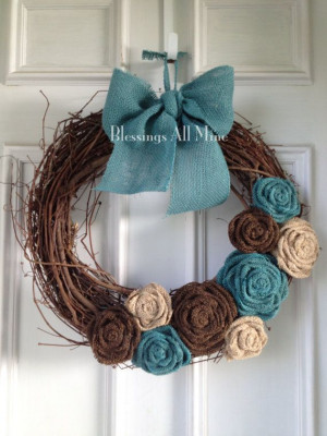 Wreaths Burlap, Brown Turquoise Flowers, Pretty Colors, Brown Neutral ...