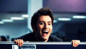 David Tennant as Doctor Who popping up out of a cubicle