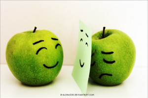apple, fake, feelings, mask, real, sad