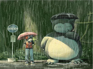 ... 1600x1200 Pokemon, Rain, Totoro, Parody, Snorlax, Bus, Stop, Umbrellas
