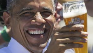 ... Barack Obama toasts with beer as he visits Kruen, southern Germany