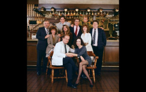 The cast of Cheers: John Ratzenberger as Cliff Clavin, Rhea Perlman as ...