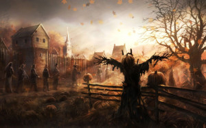 Chained slaves walking past the scarecrow wallpaper