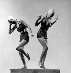 Gjon Mili: Two models wearing bathing suits & bathing caps . 1946