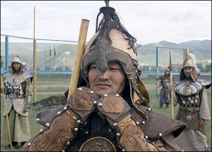 Mongol soldiers struggles with his Genghis Khan-era costume