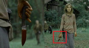 The way that Lizzie is griping the knife changed between camera angles ...