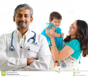Smiling Indian medical doctor and patient family. Health care concept ...
