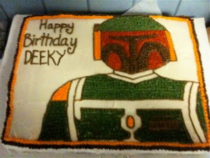 image of a Boba Fett birthday cake reading Happy Birthday Deeky