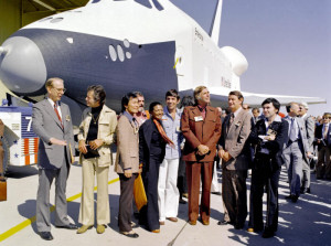 The cast and creator of Star Trek stand in front of the first Space ...
