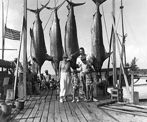 Hemingway with his family and four marlin in 1935