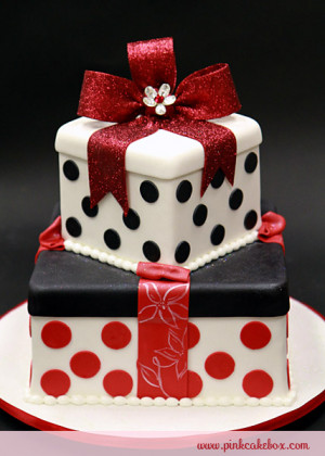 Click to enlarge Red & White Christmas Bow Birthday Cake