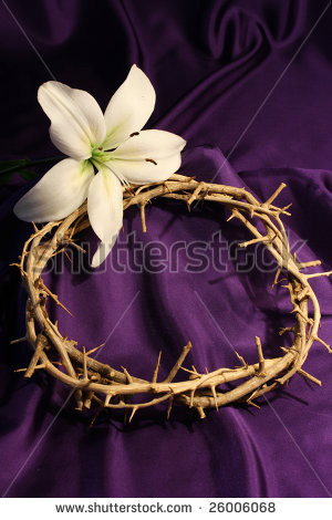 crown of thorns with white lily and purple background and room for ...
