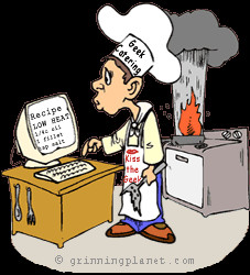 funny cartoon of chef who works for Geek Catering; he's getting recipe ...