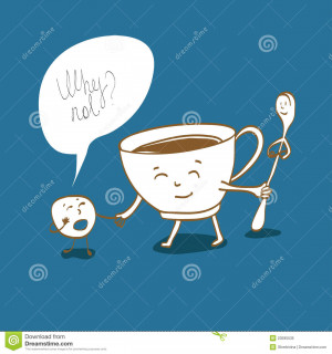 Cup of coffee with a spoon and roll on a blue background.