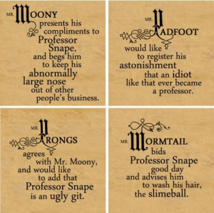harry potter, moony, padfoot, prongs, snape, wormtail