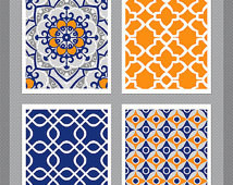 Orange and Blue Art, Blue Wall Art, Kitchen Art, Set of 4 - 8x10 ...