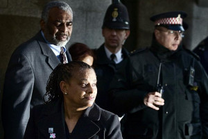 Stephen Lawrence 39 s father Neville looks on as Doreen Lawrence gives