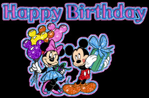 Mickey and Minnie mouse with birthday present and balloons