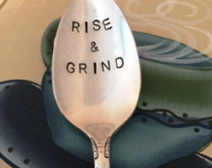 Rise & Grind Coffee Lover Hand Sta mped Silver Plated Teaspoon Spoon ...