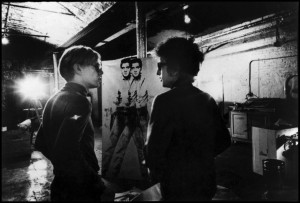 Bob Dylan visiting Andy Warhol at the Factory, 1966.