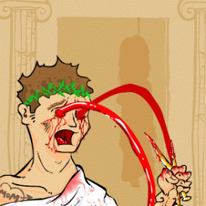 Oedipus uses the prongs that held his mom's robes to pierce his eyes.