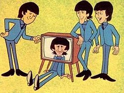 John , Ringo , George , and Paul as cartoon characters.