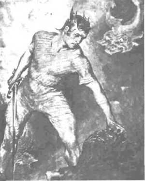 Beowulf preparing to decapitate Grendel