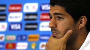 Uruguay's national soccer team player Luis Suarez attends a news ...