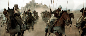 The soldiers of the Crusades ride into battle in 