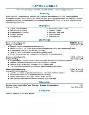 Communications Specialist Resume Example