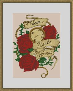 clock surrounded by roses and thorns, with the stirring words 'Time ...