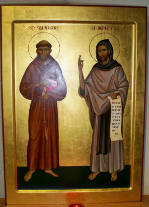 an icon of saint francis left and saint benedict right