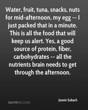 Jeanie Subach - Water, fruit, tuna, snacks, nuts for mid-afternoon, my ...