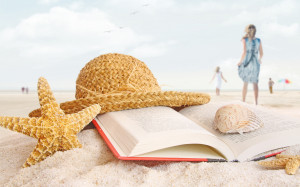 Summer, beach, book, hat, nature, romance, sand , sea, shells