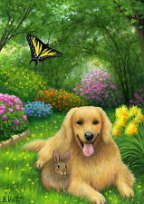 Golden retriever dog bunny garden landscape limited edition aceo print ...