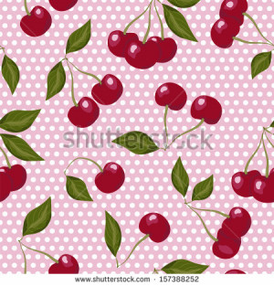 Cherry seamless pattern with cherries on pink polka dot background ...