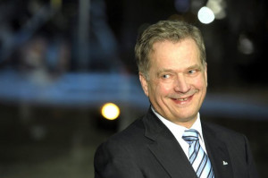 Sauli Niinisto smiles at the Helsinki Music Center after the second