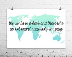 Travel Quote World Map Art Print - Travel Nursery Decor - Blue & Green ...