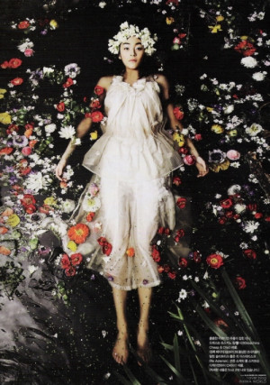 fashion, korean vogue girl, ophelia, photography, poppies