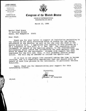 1986 Letter from Congressman Judd Gregg, congratulating Chad on his ...