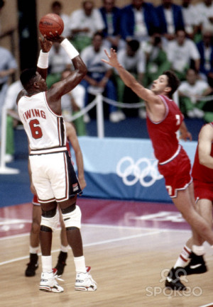 USA Dream Team center Patrick Ewing (6) shoots over Croatia forward ...