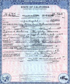 Birth certificate,June 1, 1926 General Hospital