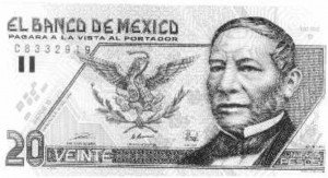 Mexican 20 Peso note, with a picture of Benito Juarez on it.