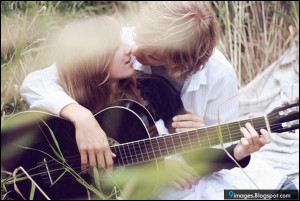 Kiss, couple, love, guitar, sunset