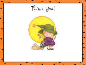 little girl witch on broom halloween thank you note cards thank you ...